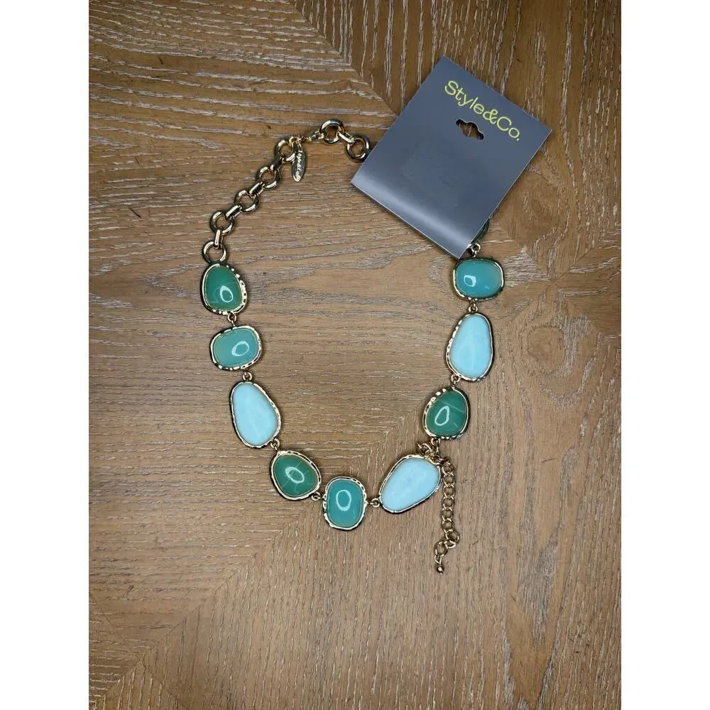 Style & Co Green Blue Stone Statement Necklace Gold Tone NEW